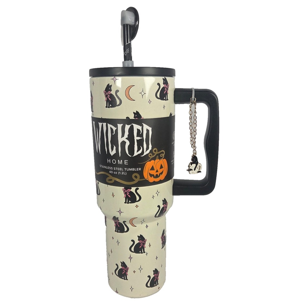 Black Cat Halloween Tumbler 40 Oz Wicked Home Stainless Steel Handle Straw New